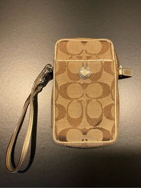 Coach Brown Signature Canvas Wristlet Phone Pouch with Strap